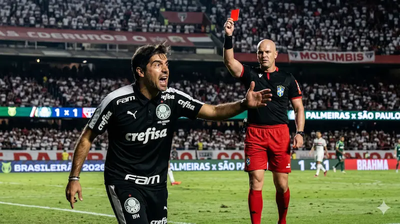 Abel Ferreira gesticulando agressivamente com árbitro ao fundo exibindo cartão vermelho