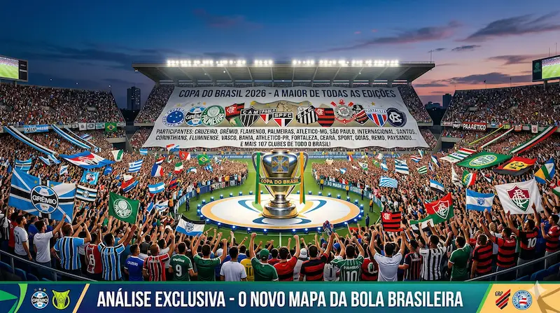 Taça da copa do brasil 2026 em destaque com fundo desfocado de estádio lotado
