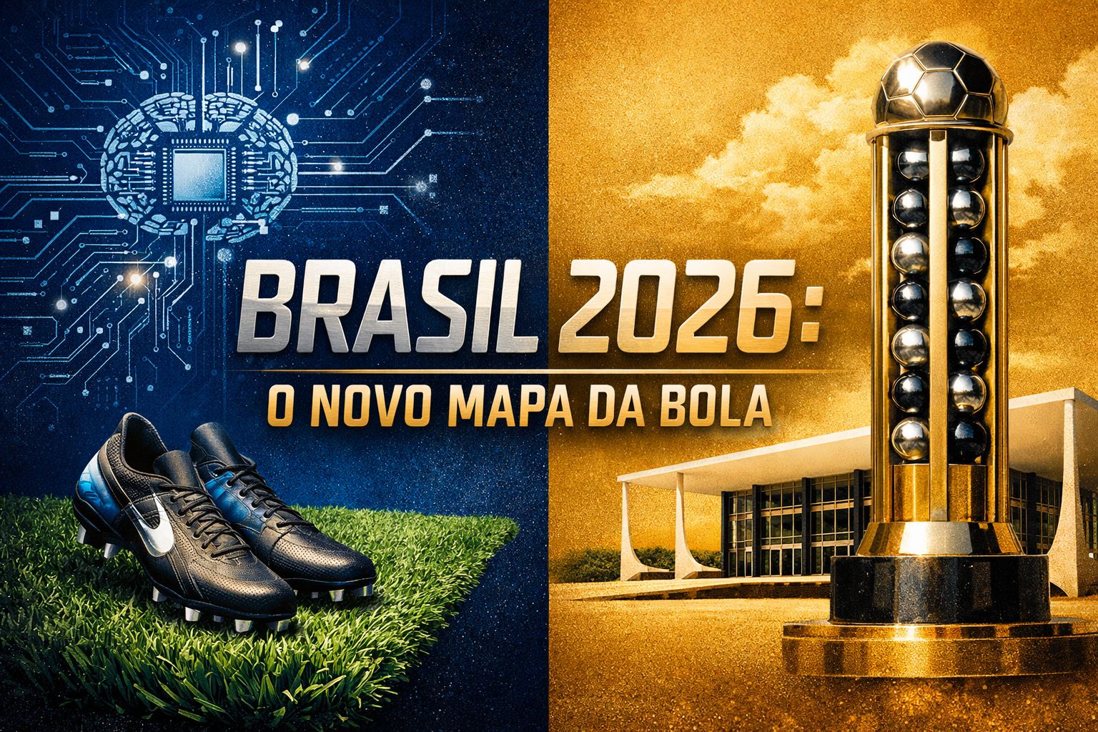 Infográfico editorial mostrando a dualidade entre a tecnologia da IA no futebol e os tribunais do STF.